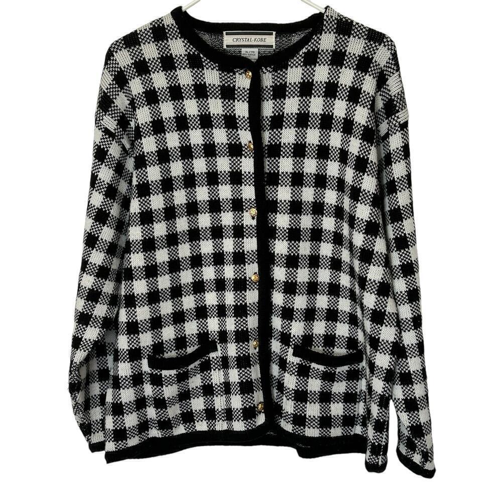 Crystal Kobe Houndstooth Cardigan XL Black White Gold Buttons